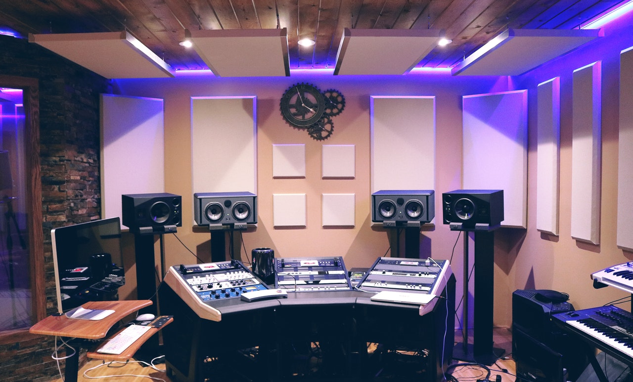 Recording studio with violet lights